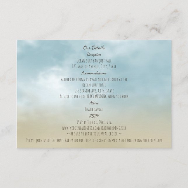 Cartão De Informações Detalhes do casamento na praia à beira-mar (Frente)
