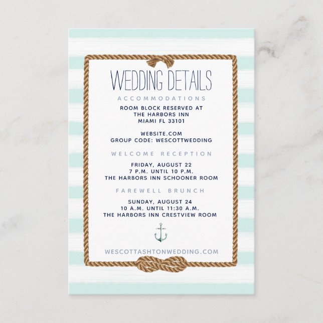 Cartão De Informações Detalhes do Casamento Náutico do Nó Mint & White (Frente)