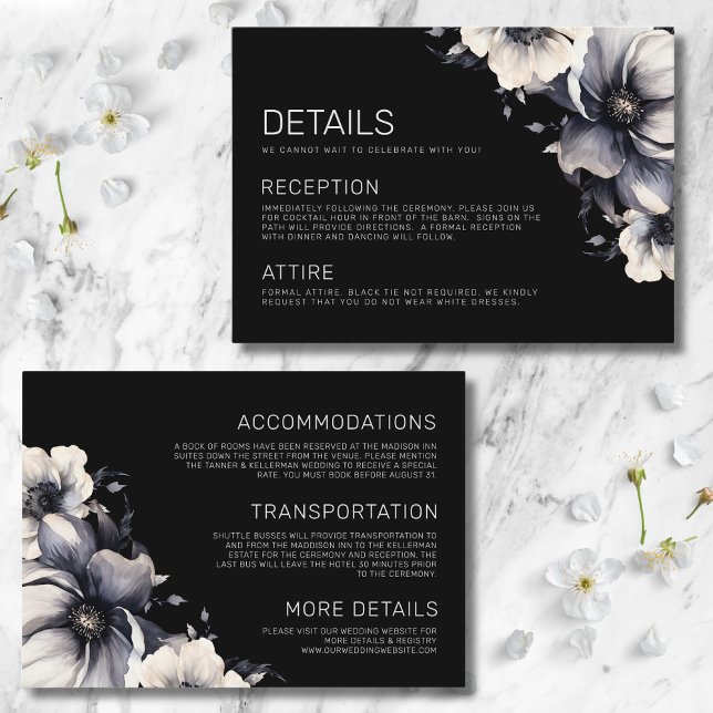 Cartão De Informações Detalhes do Casamento Negra Floral Moderno Elegant (Modern Elegant Floral White Black Wedding Details Enclosure Card)