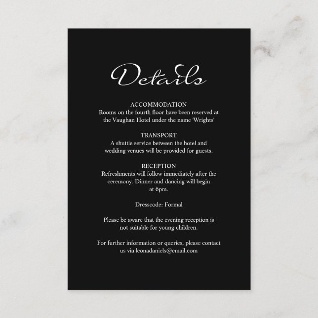 Cartão De Informações Detalhes do Casamento Negro da Caligrafia Elegante (Frente)