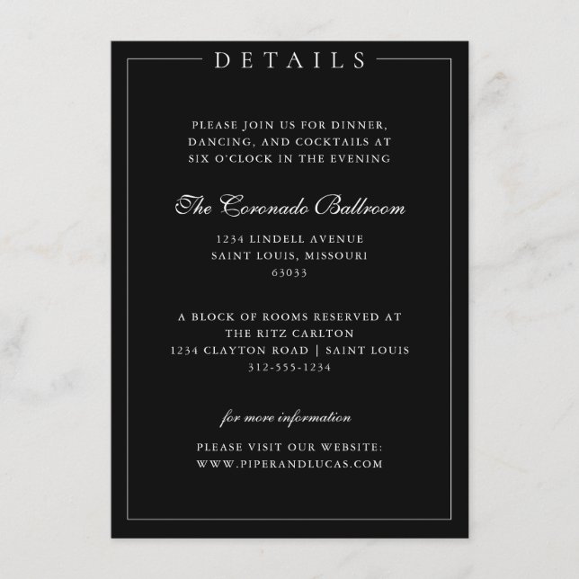 Cartão De Informações Detalhes do Casamento Negro e Branco Elegante Mini (Frente)