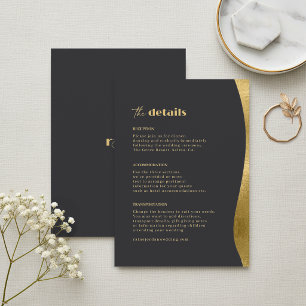 Cartão De Informações Detalhes do Casamento Ondas Esculturais Preto Dour