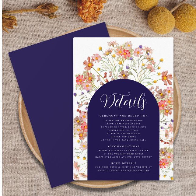Cartão De Informações Detalhes do Casamento outono Azul do Marinho Arco  (Boho rustic floral arch navy blue and white wedding details enclosure card Elegant script fall color)