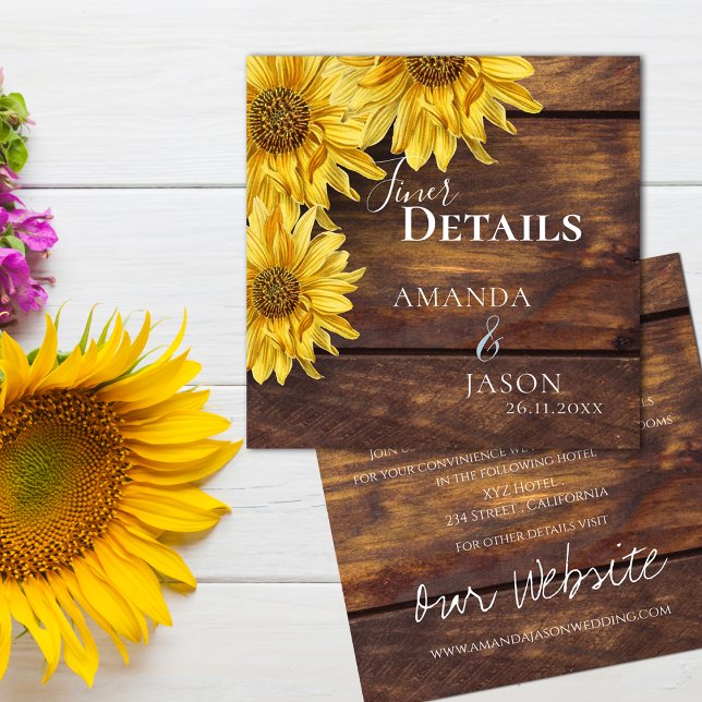 Cartão De Informações Detalhes do Casamento outono de girassol amarelo d (Rustic Wood Yellow Sunflower Fall Wedding Details Enclosure Card)
