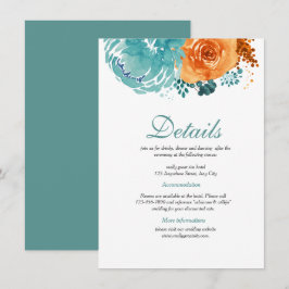 Cartão De Informações Detalhes do Casamento outono Floral Teal Bunrt Ora