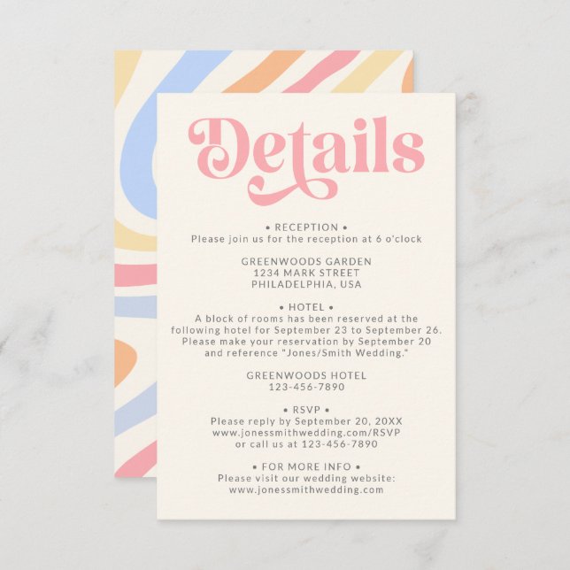 Cartão De Informações Detalhes do Casamento Pastel Retro Moderno (Frente/Verso)