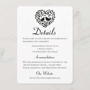 Cartão De Informações Detalhes do Casamento Preto Coração Floral de Pomb