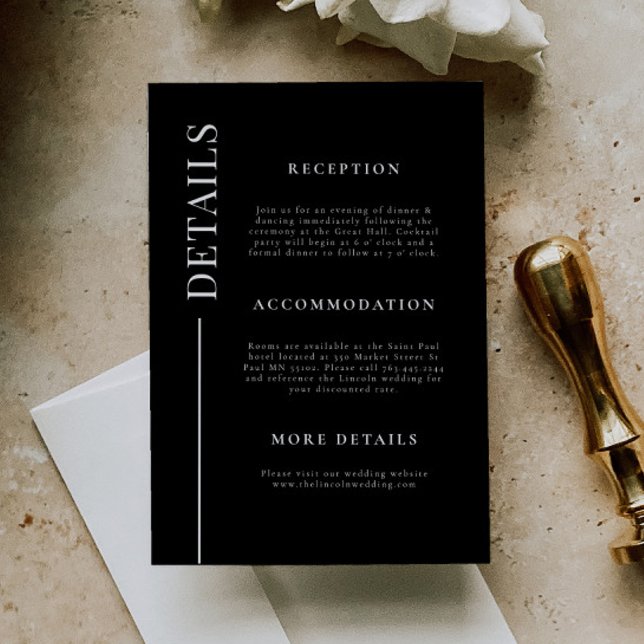 Cartão De Informações Detalhes do Casamento Preto da Linha Limpa (Criador carregado)