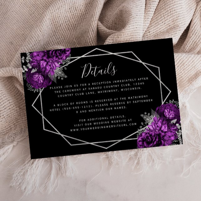 Cartão De Informações Detalhes do Casamento Preto de Prata Floral Roxa (Criador carregado)