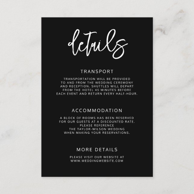 Cartão De Informações Detalhes do Casamento Preto de Script Contemporâne (Frente)