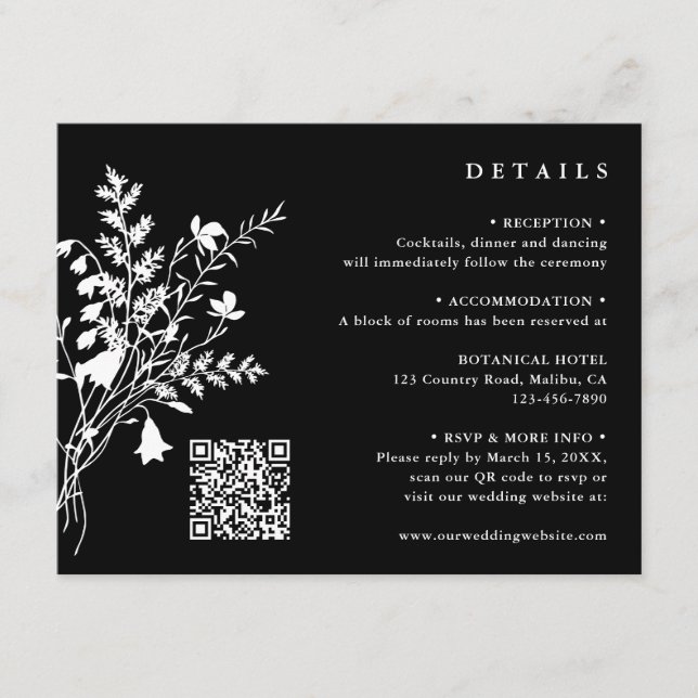 Cartão De Informações Detalhes do Casamento Preto do Buquê de Flores Bra (Frente)