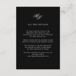 Cartão De Informações Detalhes do Casamento Preto do Monograma de Script