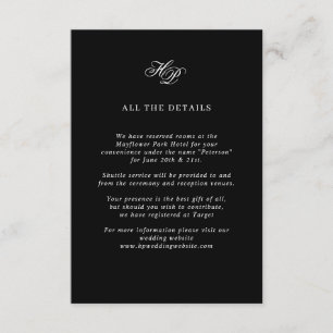 Cartão De Informações Detalhes do Casamento Preto do Monograma de Script