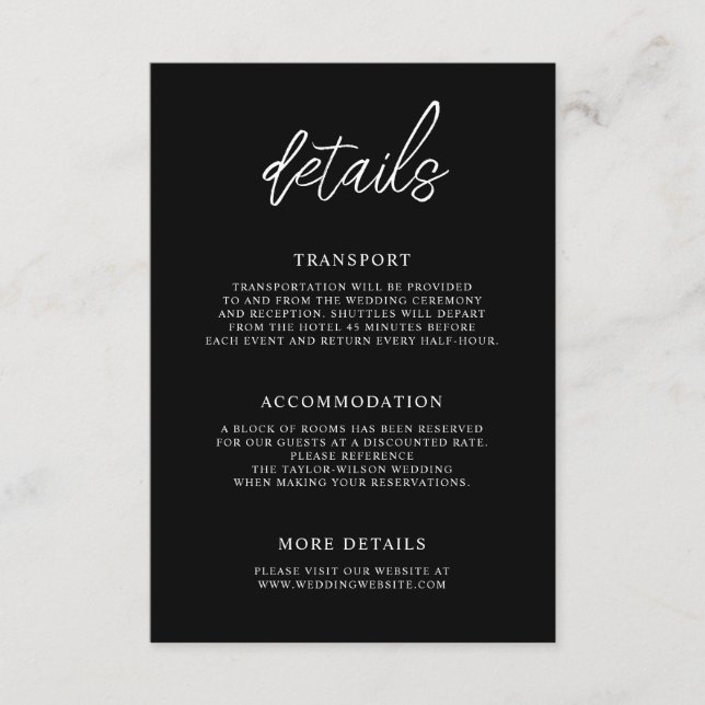 Cartão De Informações Detalhes do Casamento Preto do Script Contemporâne (Frente)
