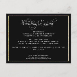 Cartão De Informações Detalhes do Casamento Preto Dourado do Script Mono