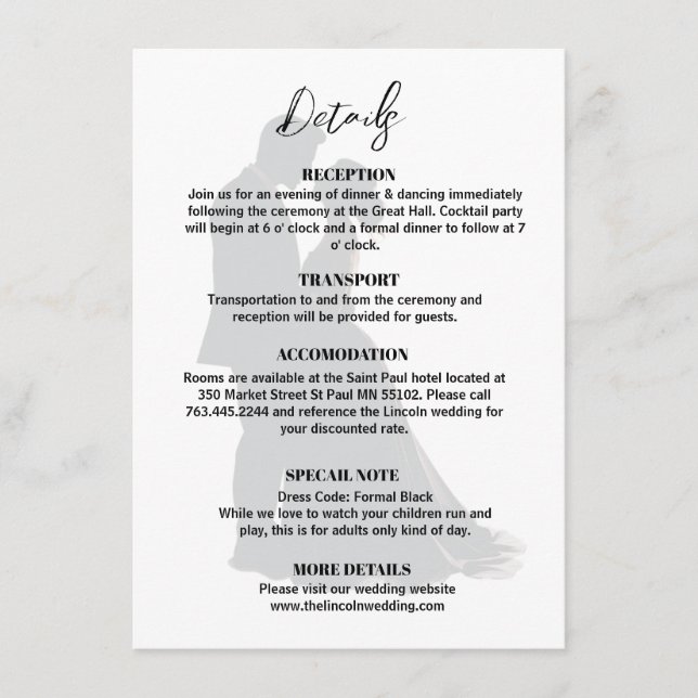 Cartão De Informações Detalhes do Casamento Preto e Branco Moderno Minim (Frente)