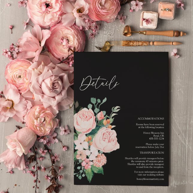 Cartão De Informações Detalhes do Casamento Preto Floral de Blush (Criador carregado)