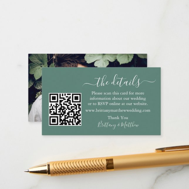 Cartão De Informações Detalhes do Casamento QR Foto Eucalipto Verde (Frente/Verso In Situ)