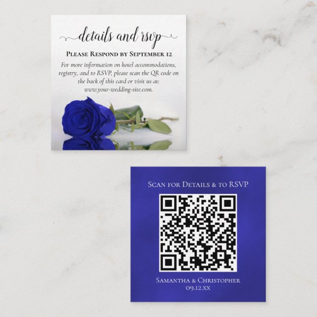 Cartão De Informações Detalhes do Casamento Real Rosa Azul e Código QR R (Frente/Verso)