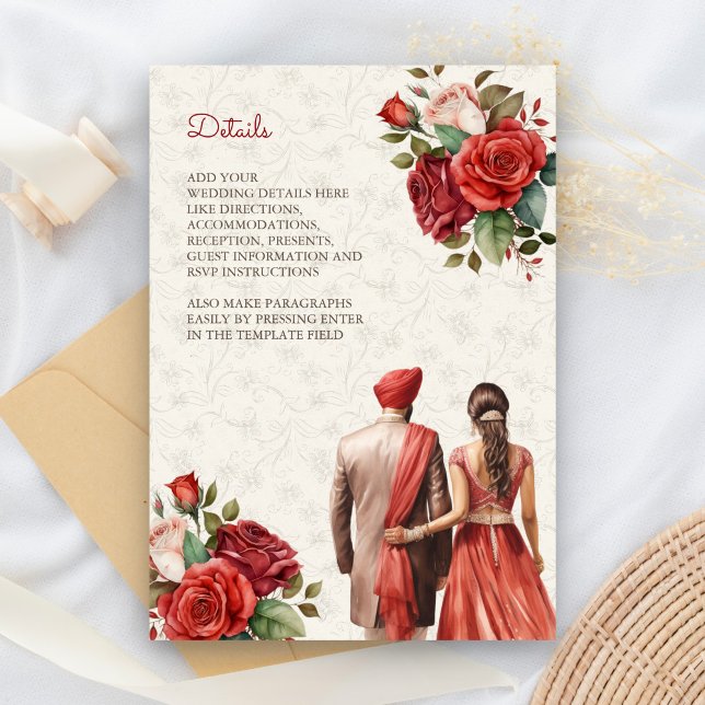 Cartão De Informações Detalhes do Casamento Red Floral Indian Punjabi Si (Criador carregado)