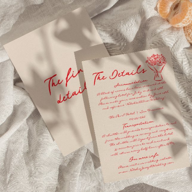Cartão De Informações Detalhes do Casamento Red Quirky Desenhado Escrito (Criador carregado)