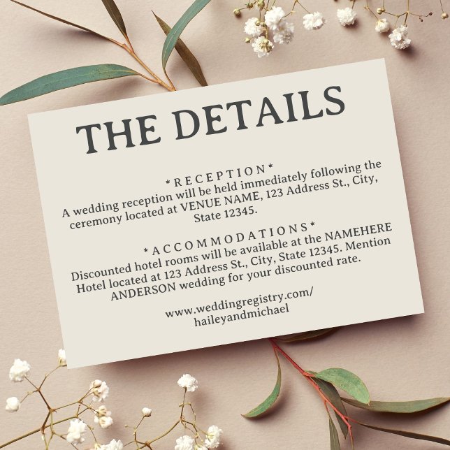 Cartão De Informações Detalhes do Casamento Retroativo Branco Simples (Simple Off White Retro Wedding Details Enclosure Card)