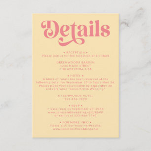 Cartão De Informações Detalhes do Casamento Retroativo Rosa e Amarelo