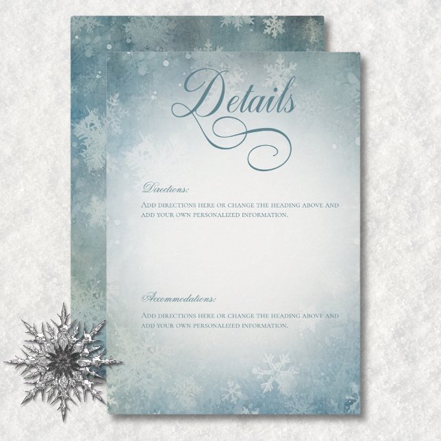Cartão De Informações Detalhes do Casamento Romântico de Neve Azul e Bra (Romantic Falling Snow Blue & White Wedding Details Enclosure Card)