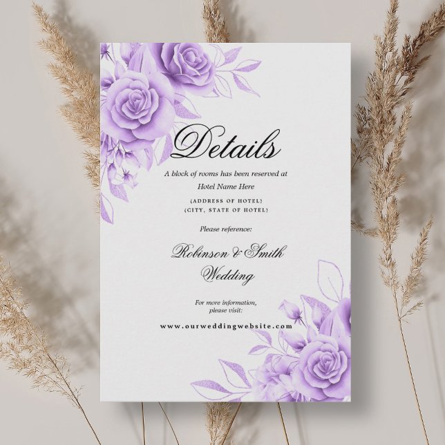 Cartão De Informações Detalhes do Casamento Romântico em Púrpura (Romantic Floral Purple Wedding Details Enclosure Card)