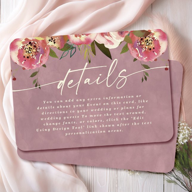 Cartão De Informações Detalhes do Casamento Rosa Empoeirado Ophelia Cott (Say "I DO" to Romantic Watercolor Florals and a Cottagecore Vibe with the Ophelia Wedding Suite.)