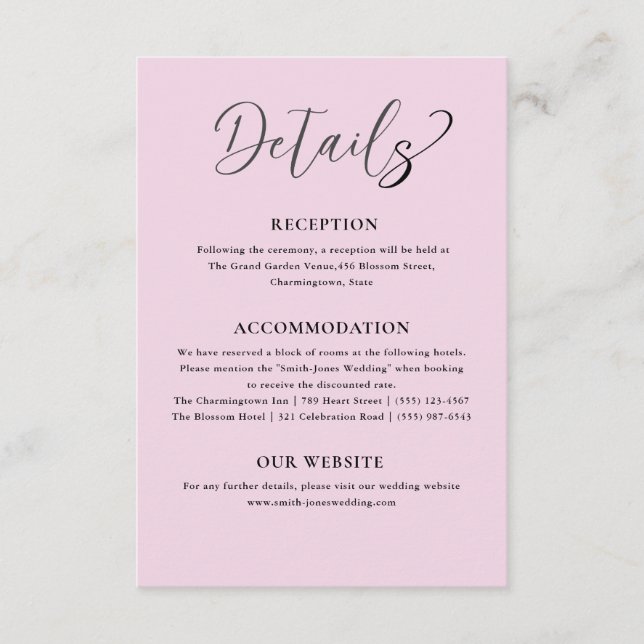 Cartão De Informações Detalhes do Casamento Rosa-Esbranquiçado Minimalis (Frente)