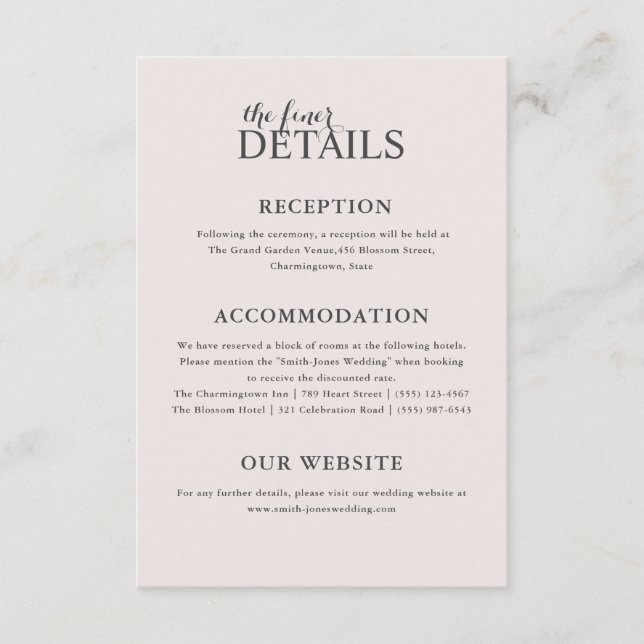 Cartão De Informações Detalhes do Casamento Rosa-Esbranquiçado Moderno (Frente)