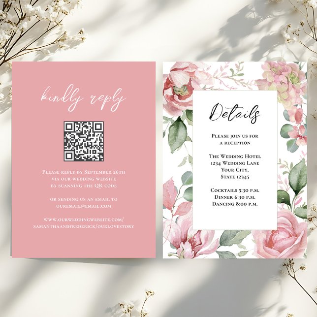 Cartão De Informações Detalhes do Casamento Rosa Escamudo Floral (Blush pink floral wedding details card. )