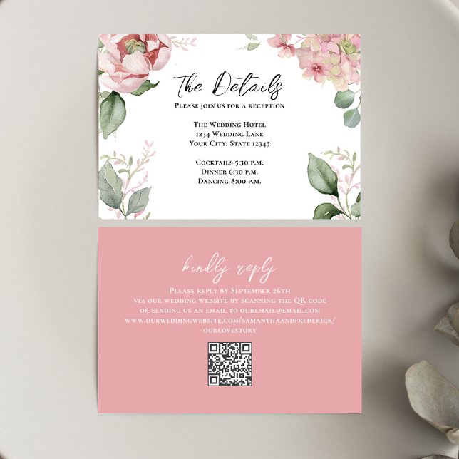 Cartão De Informações Detalhes do Casamento Rosa Escamudo Floral (Wedding details card with blush pink floral design. )