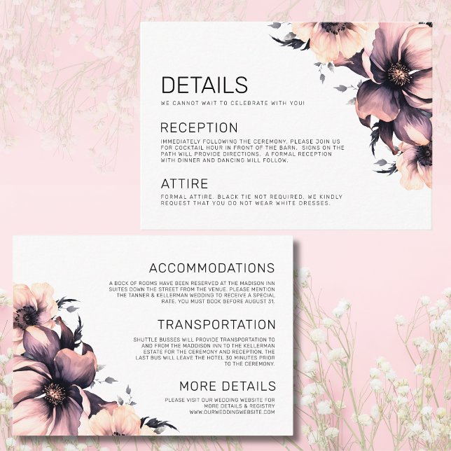 Cartão De Informações Detalhes do Casamento Rosa Floral Elegante (Elegant Floral Pink Wedding Information Details Enclosure Card)
