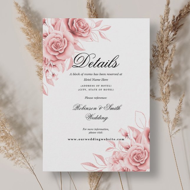 Cartão De Informações Detalhes do Casamento Rosa Rosa-Escamudo Romântico (Romantic Floral Blush Pink Wedding Details Enclosure Card)
