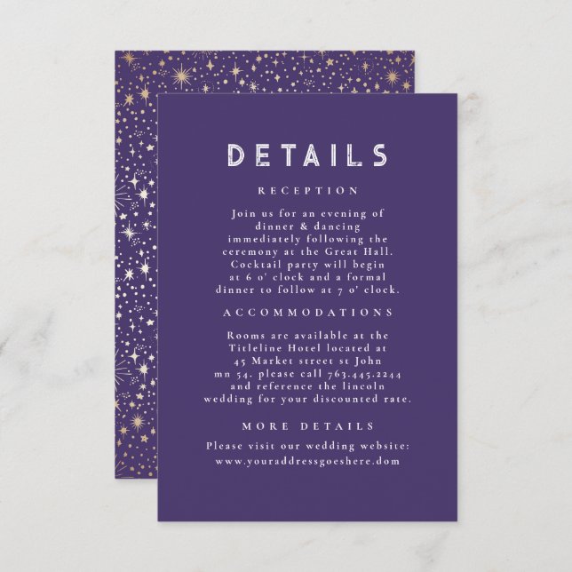 Cartão De Informações Detalhes do Casamento Roxo Celestial Noite Estrela (Frente/Verso)