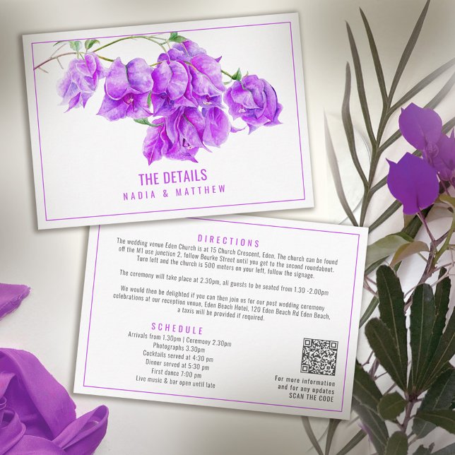 Cartão De Informações Detalhes do casamento roxo de Bougainvillea QR (Criador carregado)