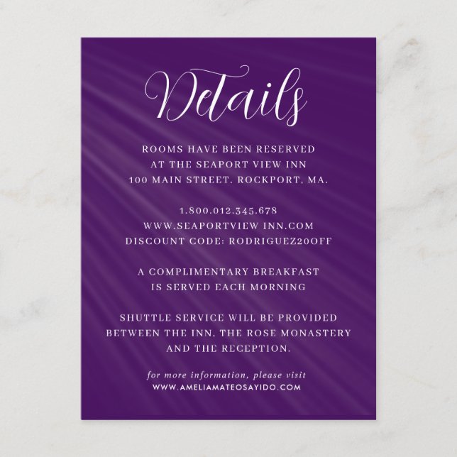 Cartão De Informações Detalhes do Casamento Roxo de Script Simples (Frente)
