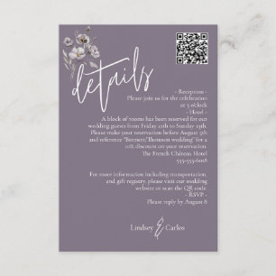 Cartão De Informações Detalhes do casamento roxo escuro elegante código 