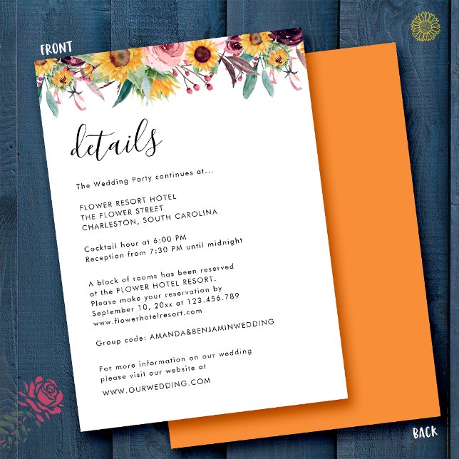 Cartão De Informações Detalhes do Casamento Russo de Rosa de Girassol (Criador carregado)