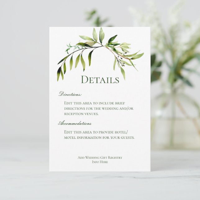 Cartão De Informações Detalhes do Casamento Rustic Greenery Bough (Em pé/Frente)