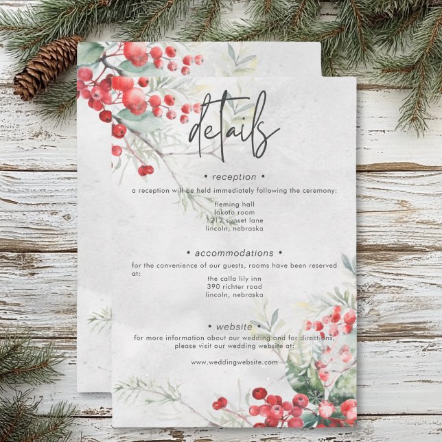 Cartão De Informações Detalhes do Casamento Rustic Winter Holly & Pine (Rustic Winter Holly & Pine Wedding Details Enclosure Card)