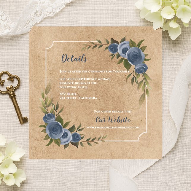 Cartão De Informações Detalhes do Casamento Rústico com Kraft e Rosa em  (Dusty Blue Rose Rustic Kraft Wedding Details Enclosure Card)