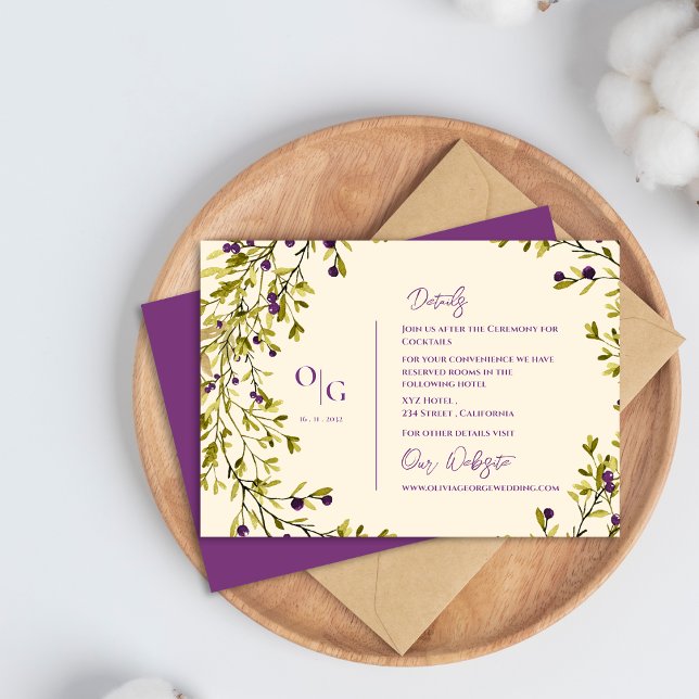 Cartão De Informações Detalhes do Casamento Rústico de Berry (Purple Berry Rustic Greenery Wedding Details Enclosure Card)