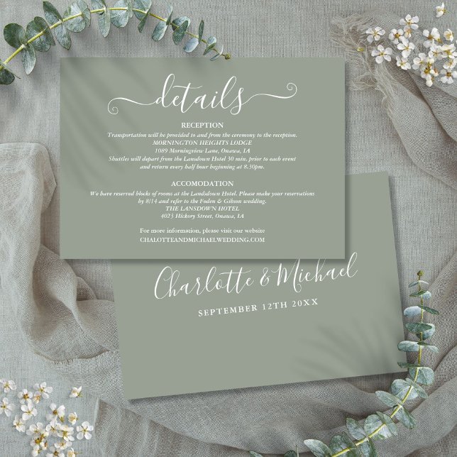 Cartão De Informações Detalhes do Casamento Sage de Script de Assinatura (Wedding Details Signature Script Sage Green Enclosure Card)