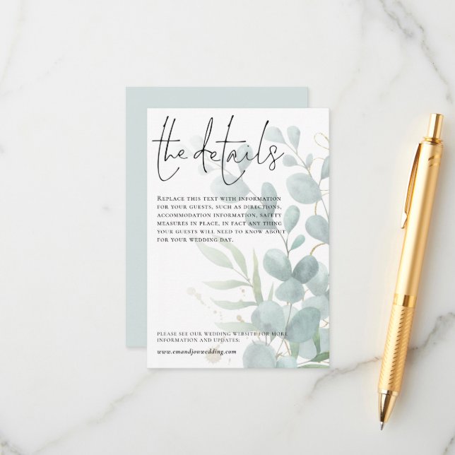 Cartão De Informações Detalhes do Casamento Script Azul Eucalyptus (Frente/Verso In Situ)