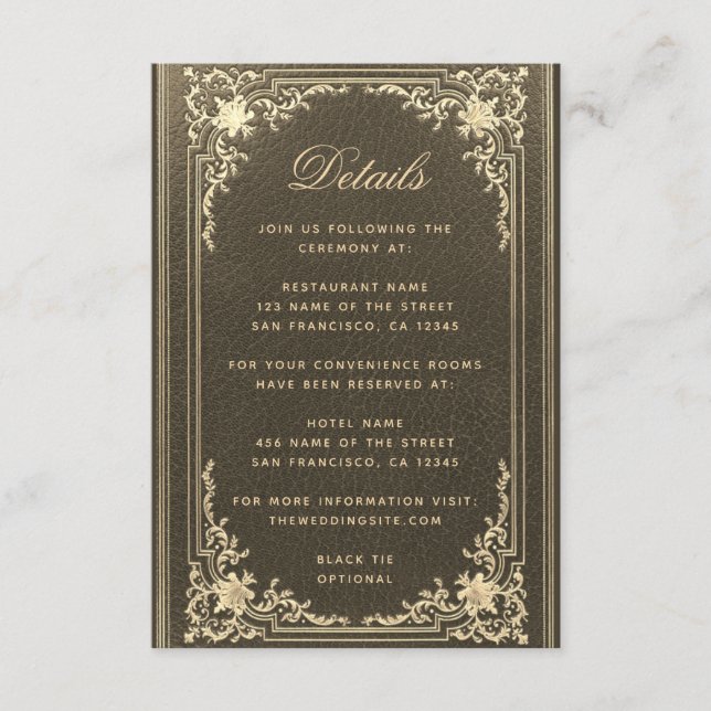 Cartão De Informações Detalhes do Casamento Script Elegante Dourado Vint (Frente)
