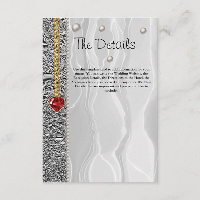 Cartão De Informações Detalhes do Casamento, Seda Branca & Diamantes & P (Frente)