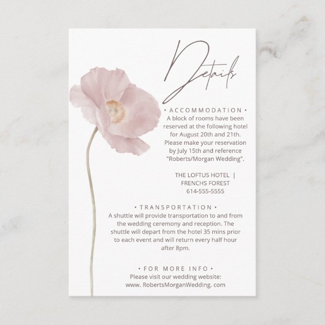 Cartão De Informações Detalhes do Casamento Simples de Flor Selvagem Boh (Frente)